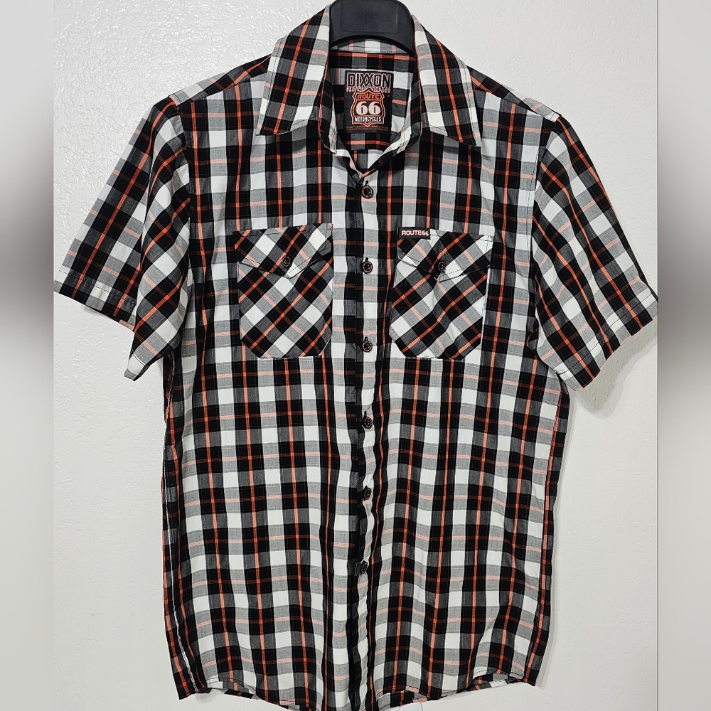 Dixxon Route 66 Plaid Button Up Shirt Mens M Black White Orange Bamboo Blend - Picture 3 of 8